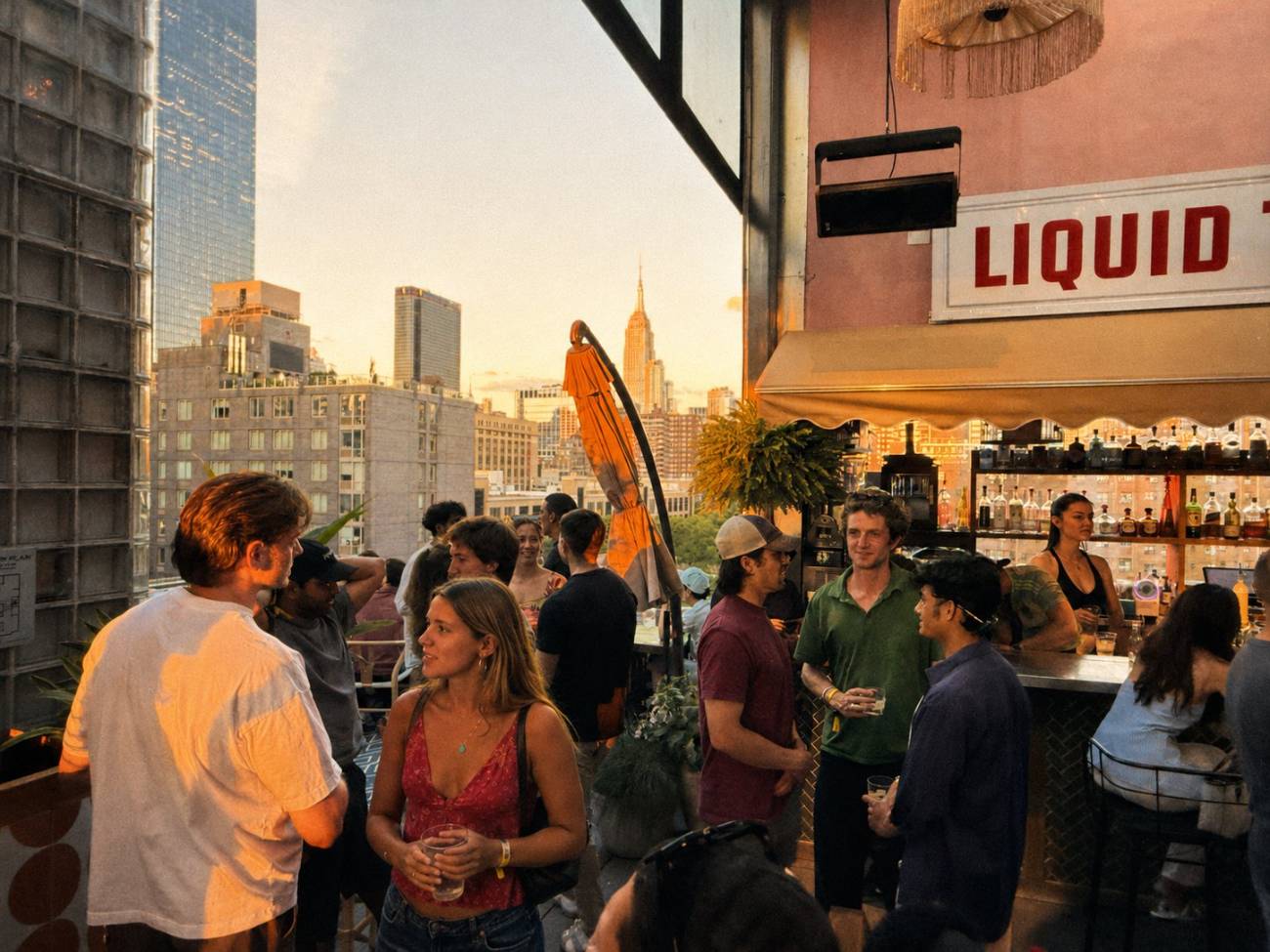Rooftop happy hour with NYC skyline